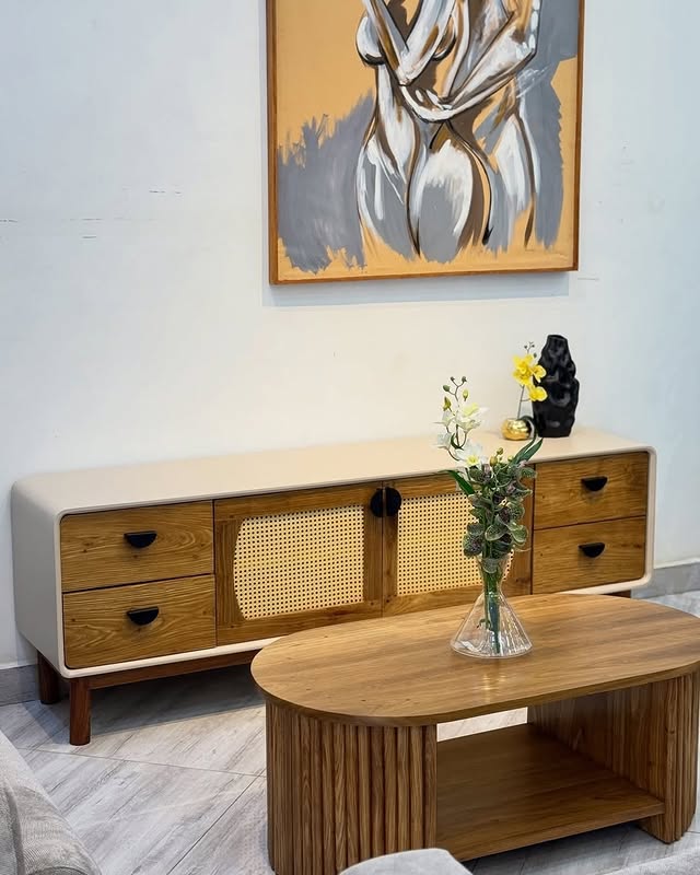 Safari Comfort cane-front television console and coffee table